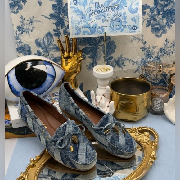 🆕 KURT GEIGER LONDON 🧿 NWOT Eagle Moccasins, Denim Patchwork Sz EU37 US 7 - Picture 2 of 16